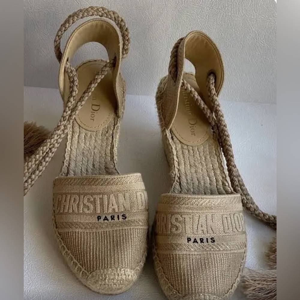 Dior Granville Embroidered Cream Lace Up Wedge Canvas Espadrilles Size 6.5